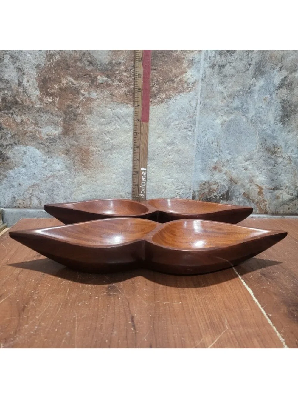 Vintage MCM Monkey Pod Wood 2 Compartment Divided Serving Dish Tray Set of 2